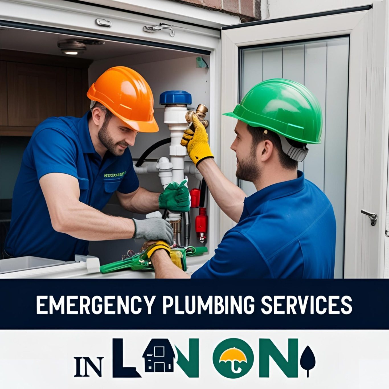 Two plumbers in green and orange helmets fixing a water pipe; text promotes emergency plumbing services.