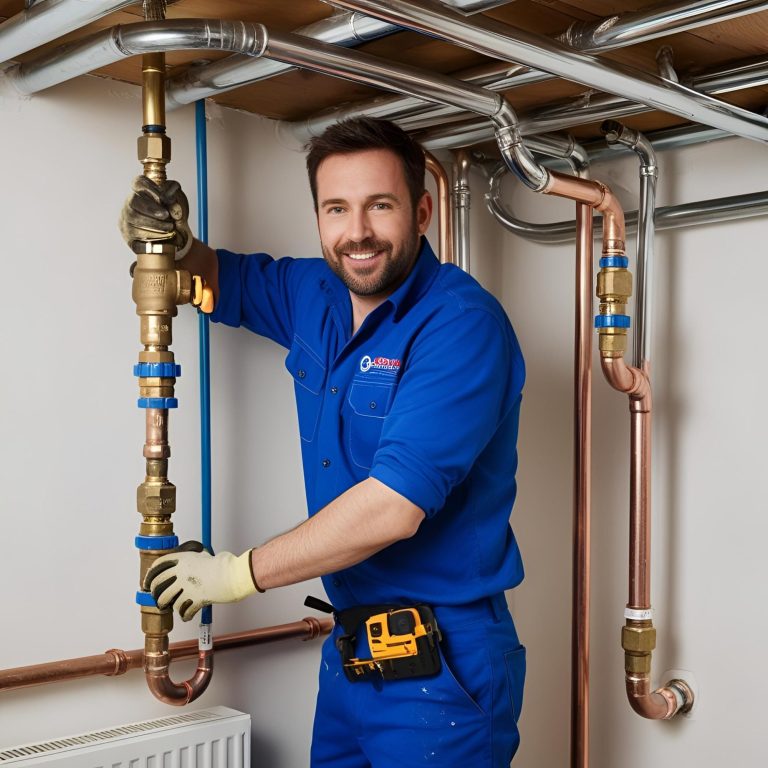 A plumber in a blue uniform installing piping in a home.