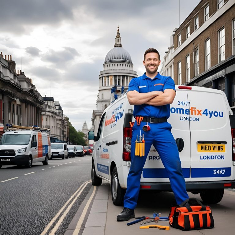 A technician stands proudly by a service van in an urban setting with St. Paul's Cathedral in the background.