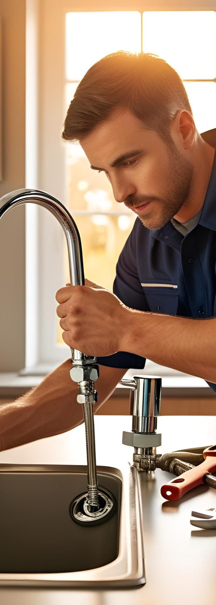 A plumber fixing a sink with tools in a bright kitchen.
