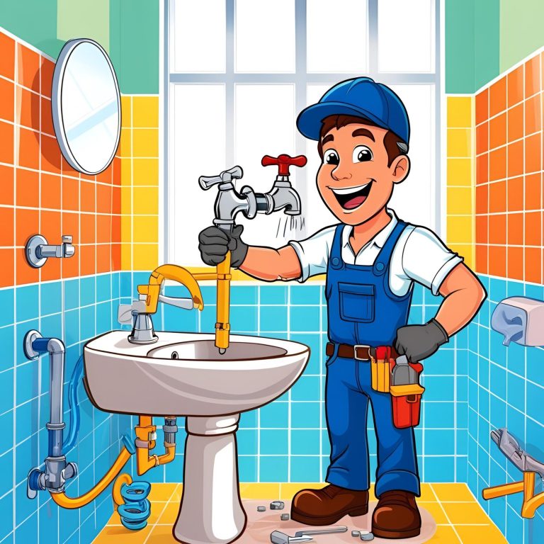 A cheerful plumber fixing a sink in a colourful bathroom.