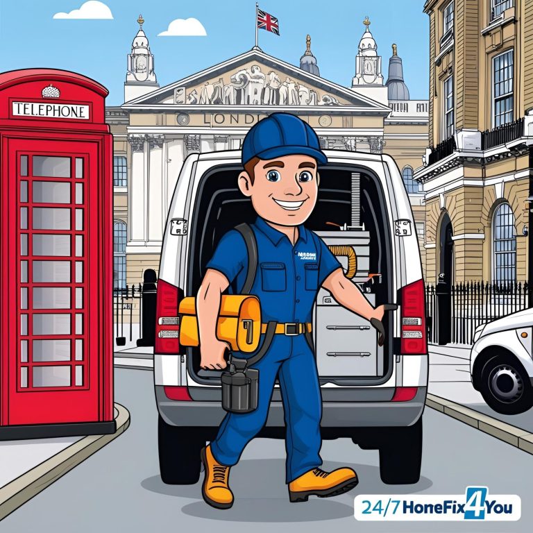 A cheerful technician in blue uniform carries tools near a red phone box and a building.