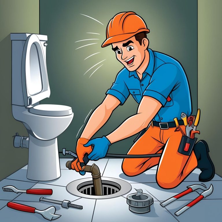 Plumber fixing a toilet, using a wrench and drain snake in a bathroom setting.