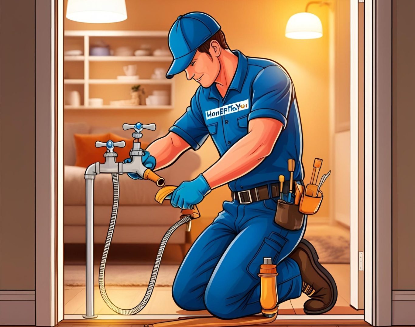 A plumber in blue uniform fixing pipes with tools in a warmly lit home setting.